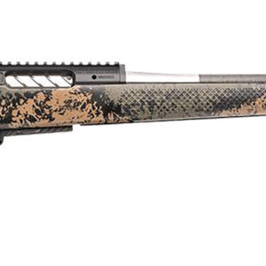 Side view of a camouflaged bolt-action rifle.