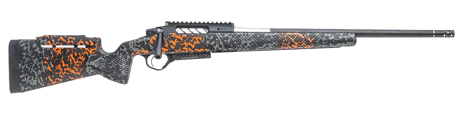 Camo patterned rifle with orange accents.