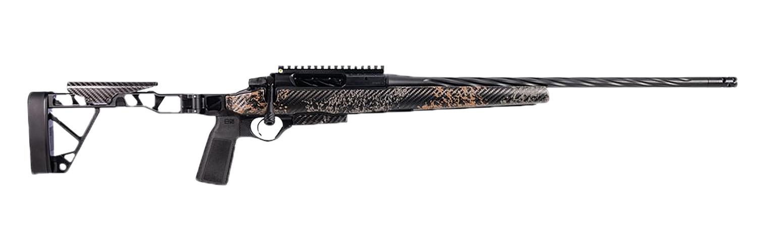 Side view of a modern rifle with camo design