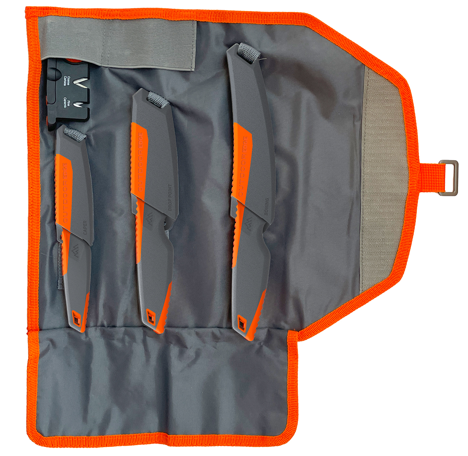 Three outdoor knives in gray roll-up case
