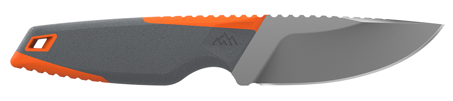 Fixed-blade knife with gray blade and orange handle