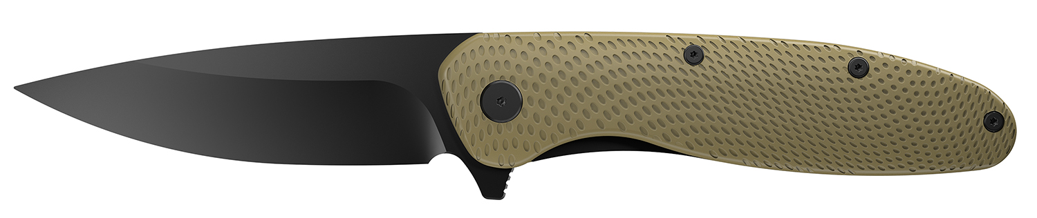 Black folding knife with tan textured handle