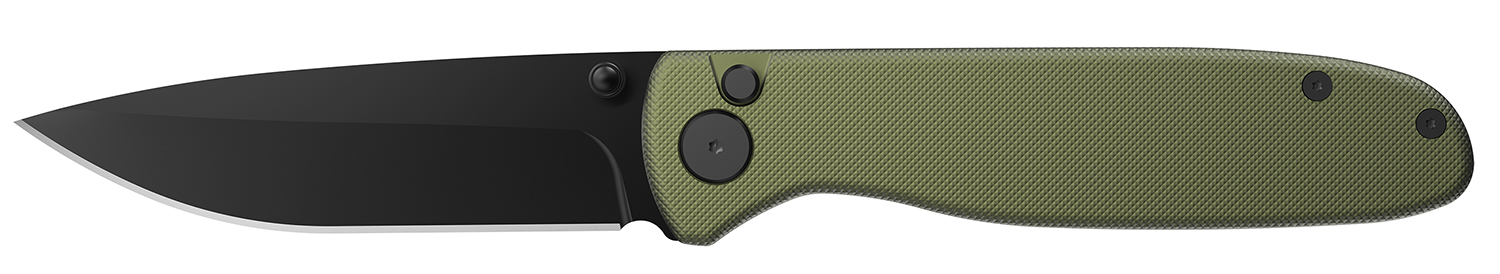 Black folding knife with green handle