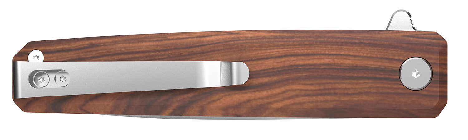 Wood-handled folding pocket knife with metal clip