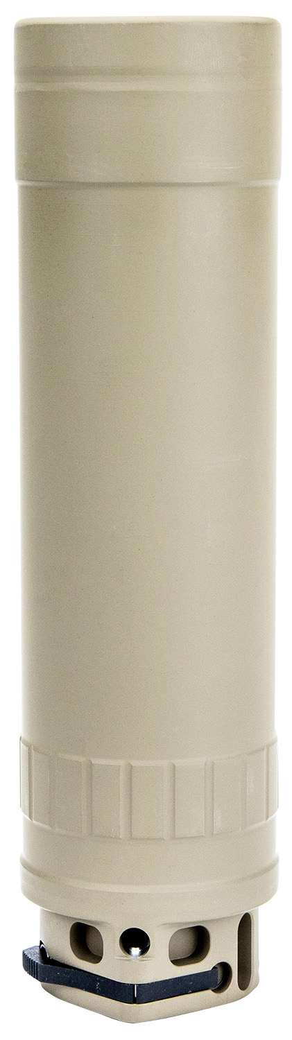 Beige cylindrical firearm suppressor with mounting base