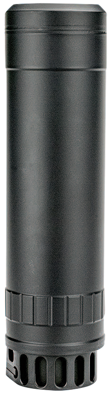 Black cylindrical firearm suppressor with vented base
