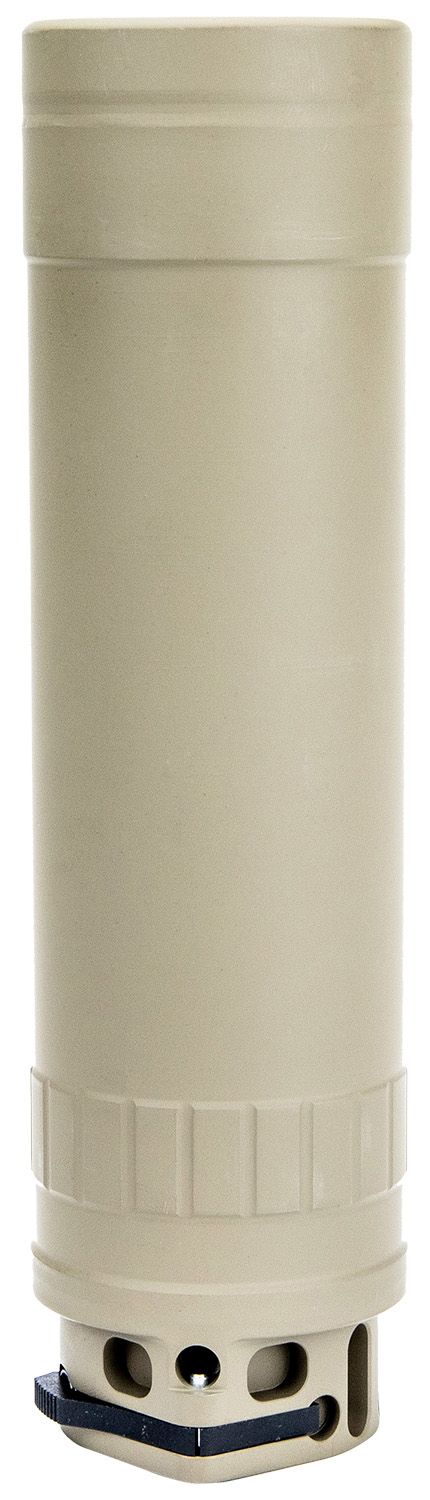 Beige cylindrical firearm suppressor on white background