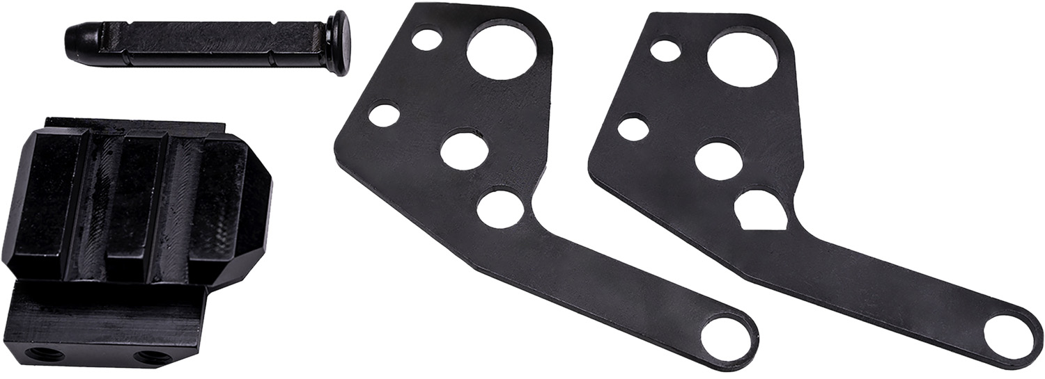 Black metal mounting brackets and hardware components