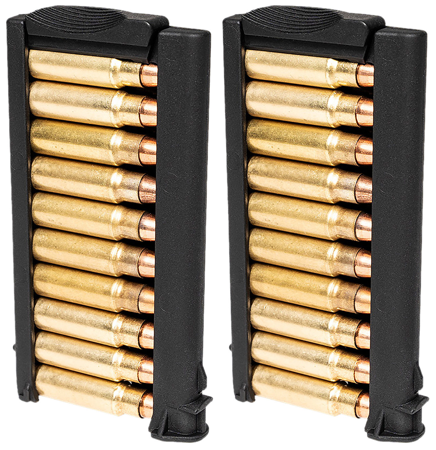 Two rifle magazines loaded with brass cartridges