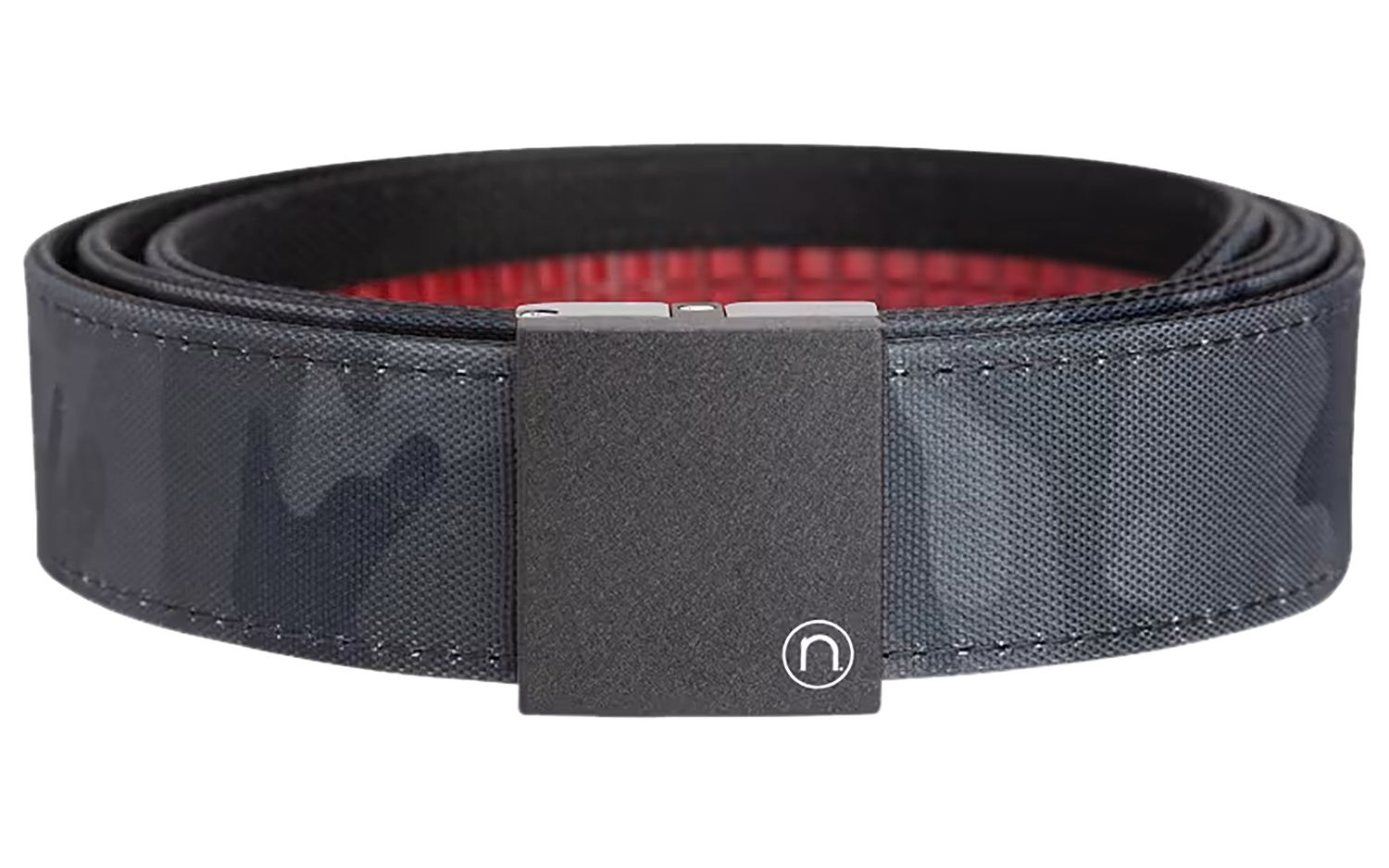 Black belt with rectangular buckle and red lining