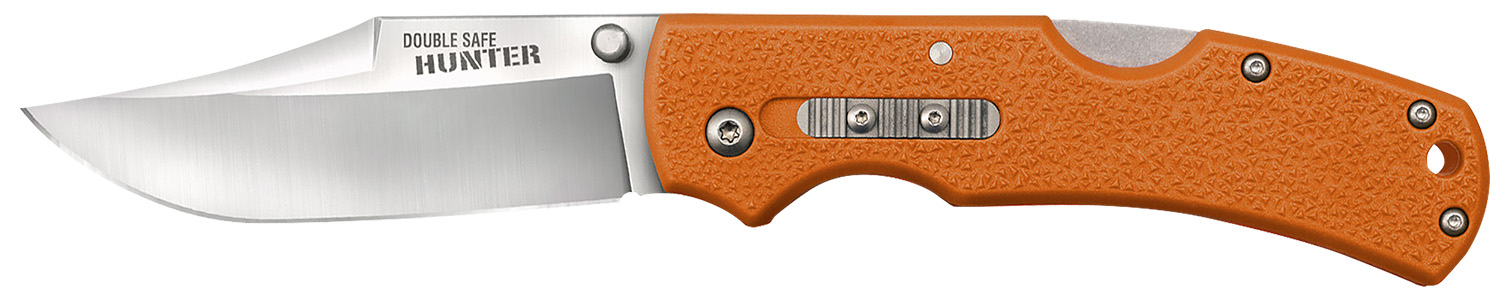 Orange-handled folding hunting knife with silver blade