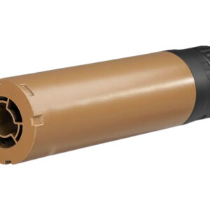 Tan cylindrical firearm suppressor with black end cap