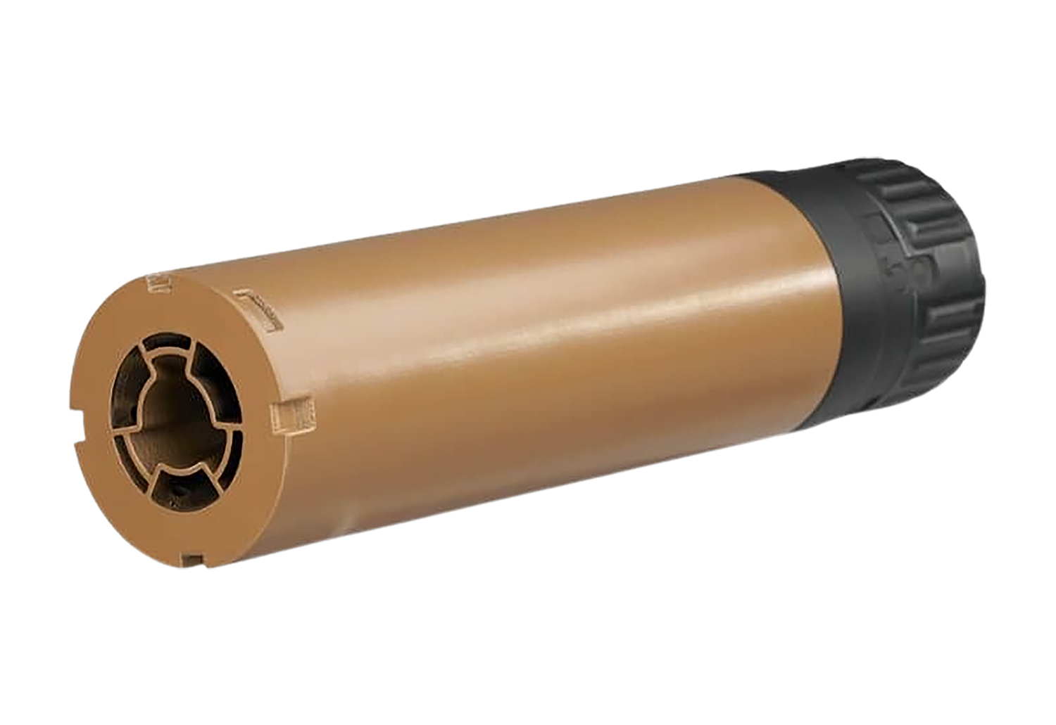 Tan cylindrical firearm suppressor with black end cap