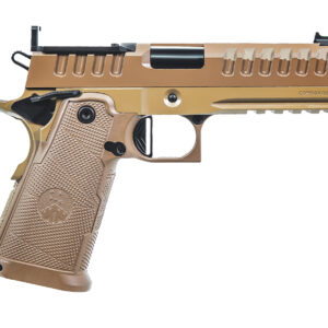 A bronze-colored handgun with textured grip.