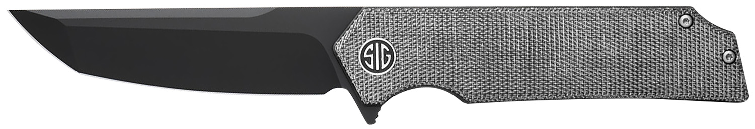 Black folding knife with textured gray handle