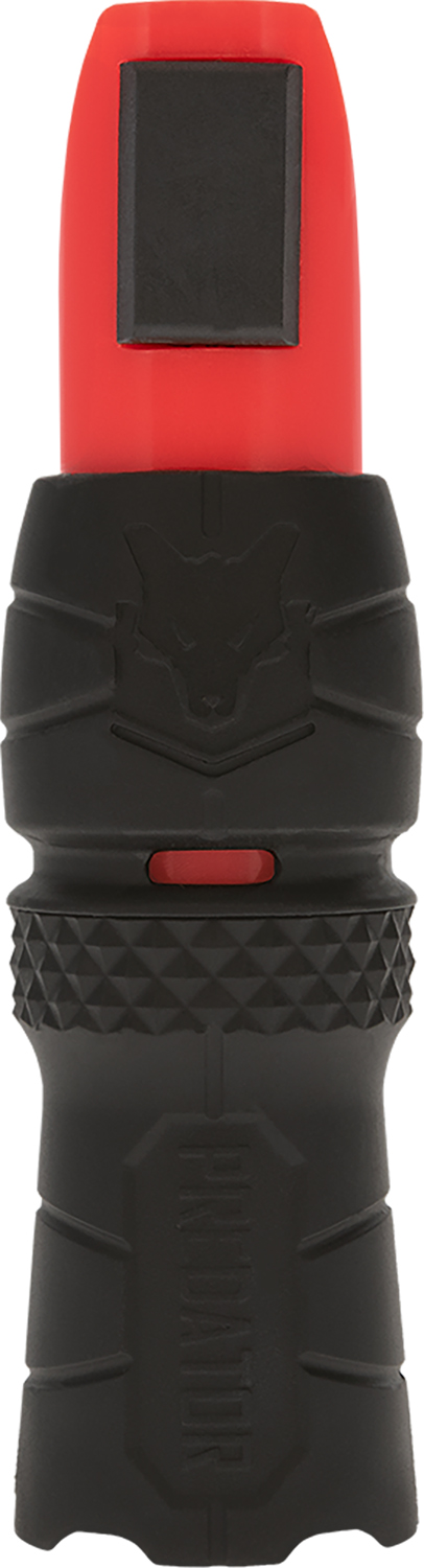 Red and black tactical flashlight with textured grip