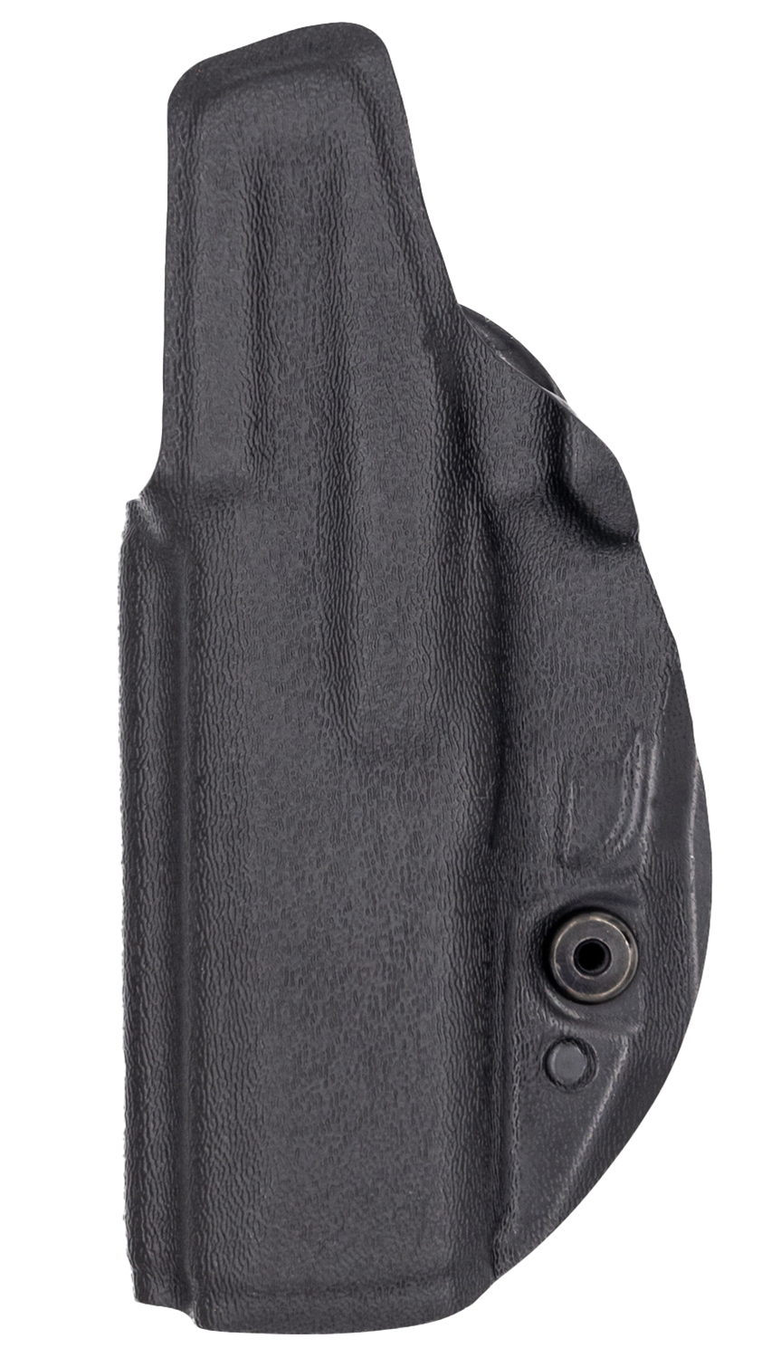 Black Kydex handgun holster on white background
