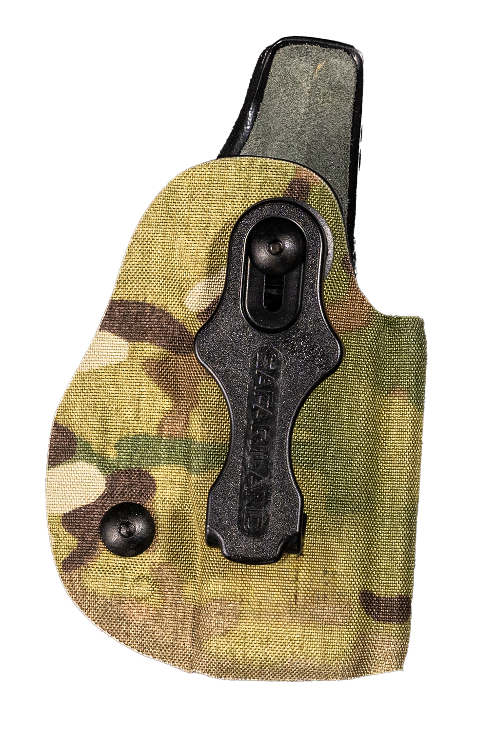 Camouflage handgun holster with black belt clip