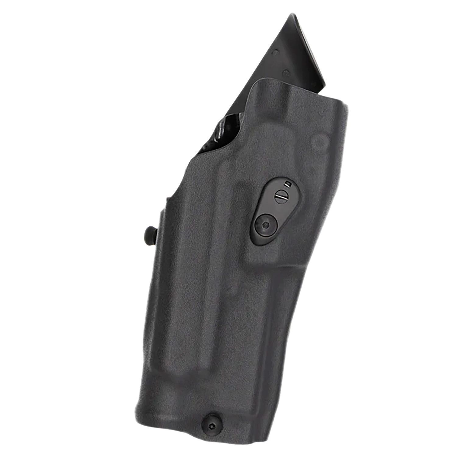 Black polymer handgun holster with retention screw