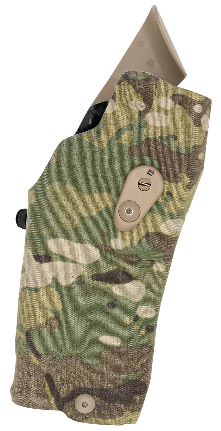 Camouflage tactical handgun holster with tan hardware