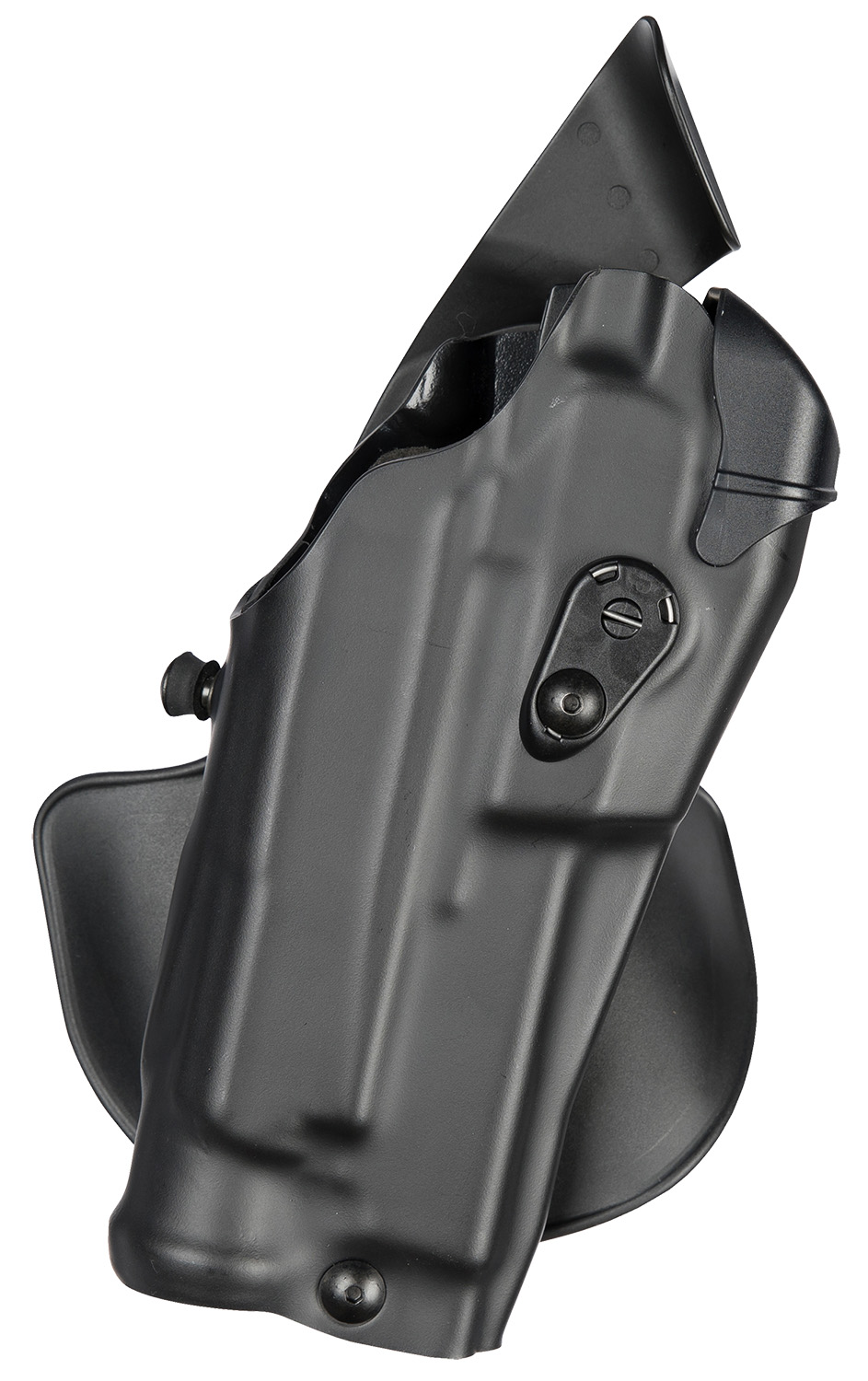 Black tactical handgun holster with belt attachment