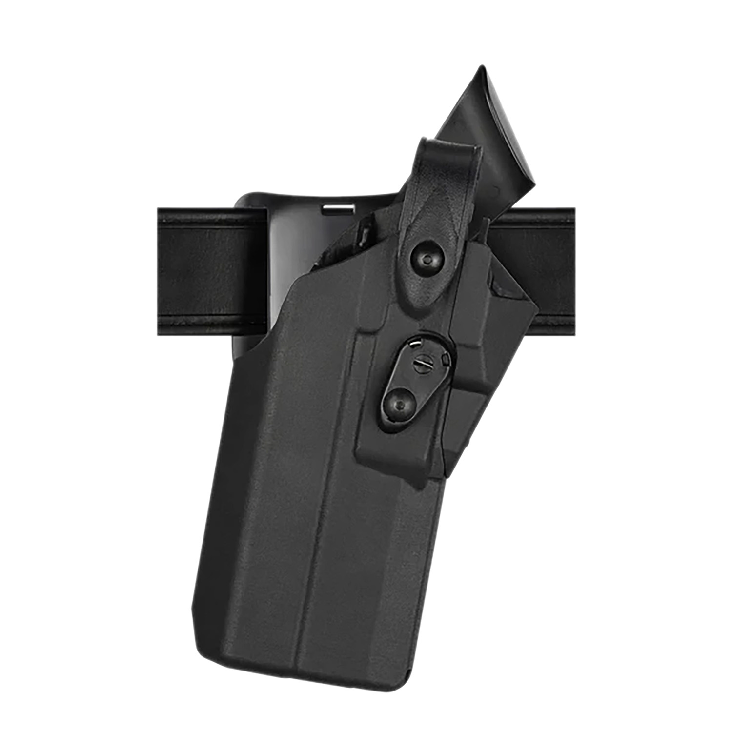 Black tactical handgun holster attached to belt