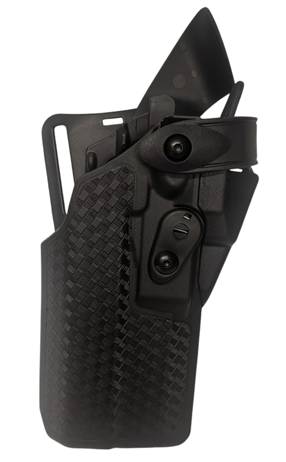 Black tactical handgun holster with belt attachment