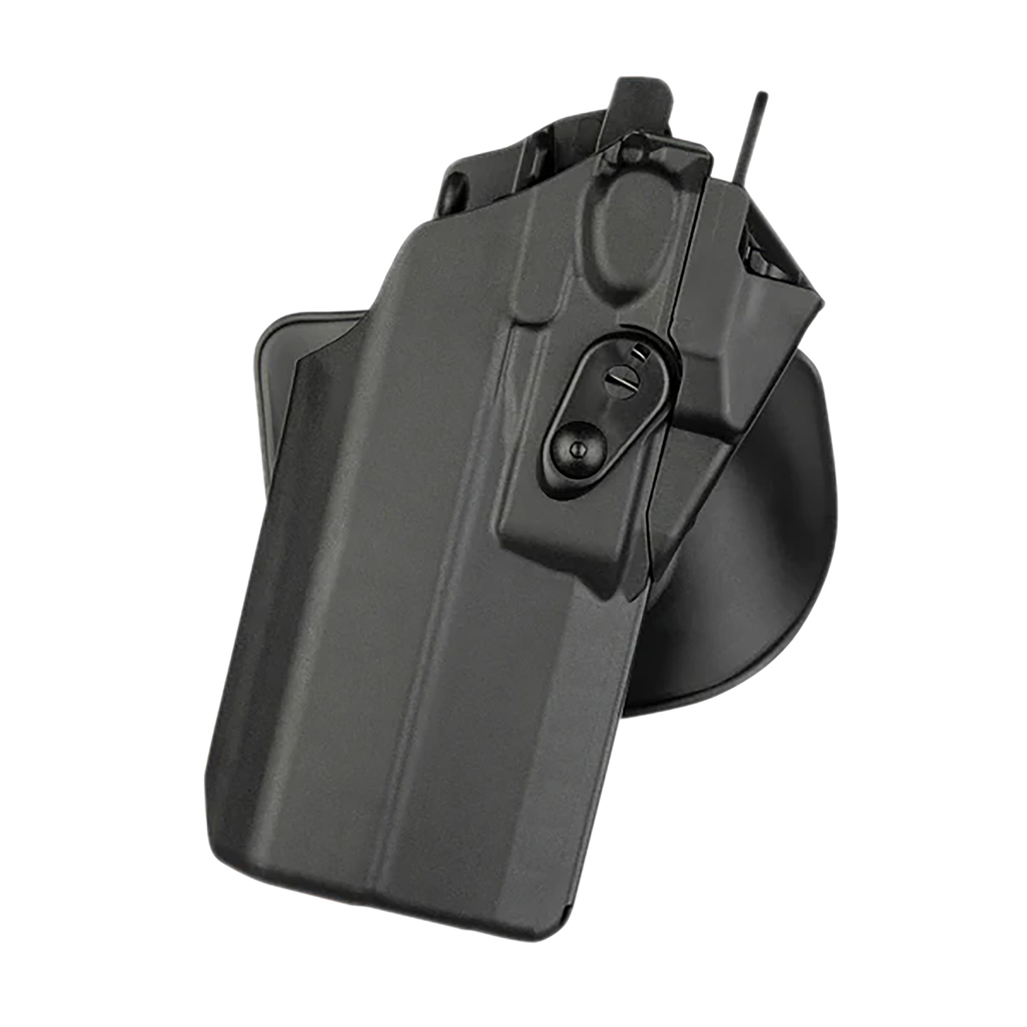 Black tactical handgun holster with belt attachment