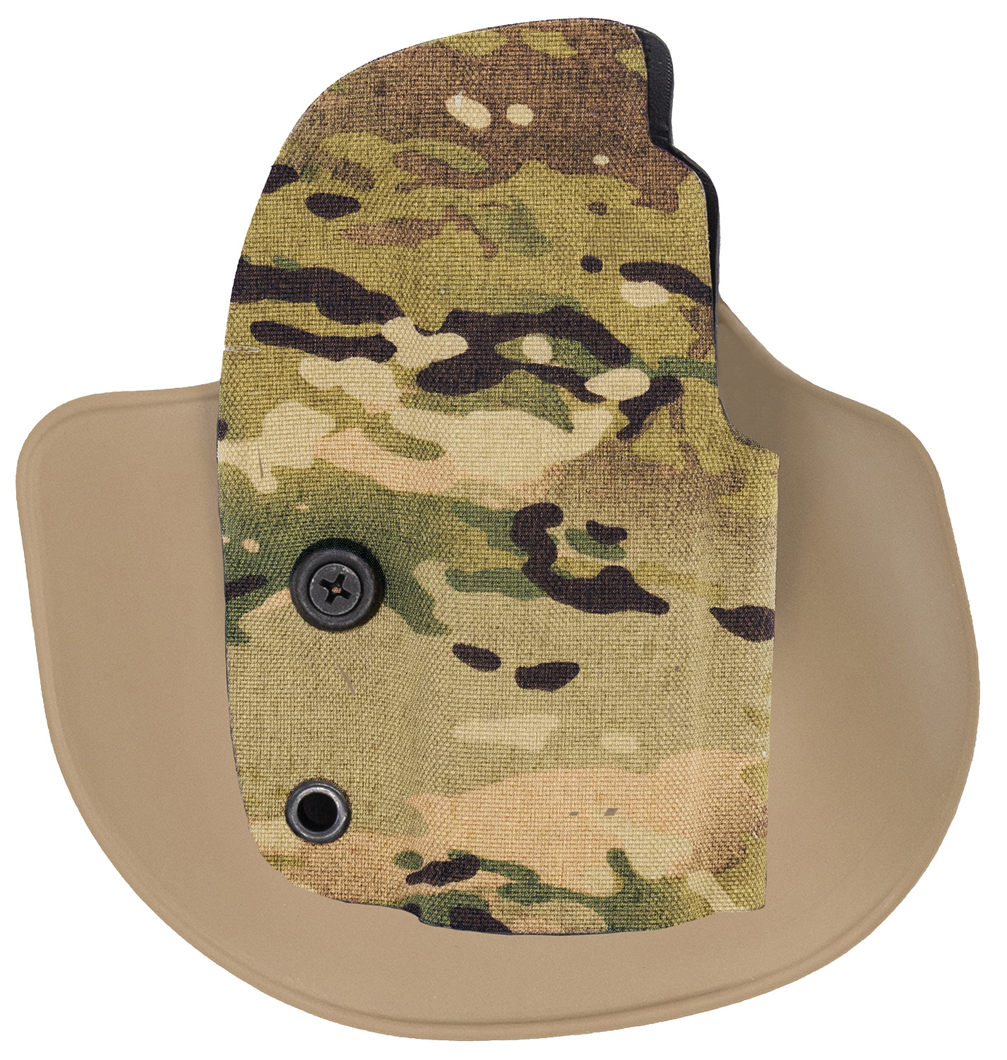 Camouflage-patterned Kydex holster on tan backing