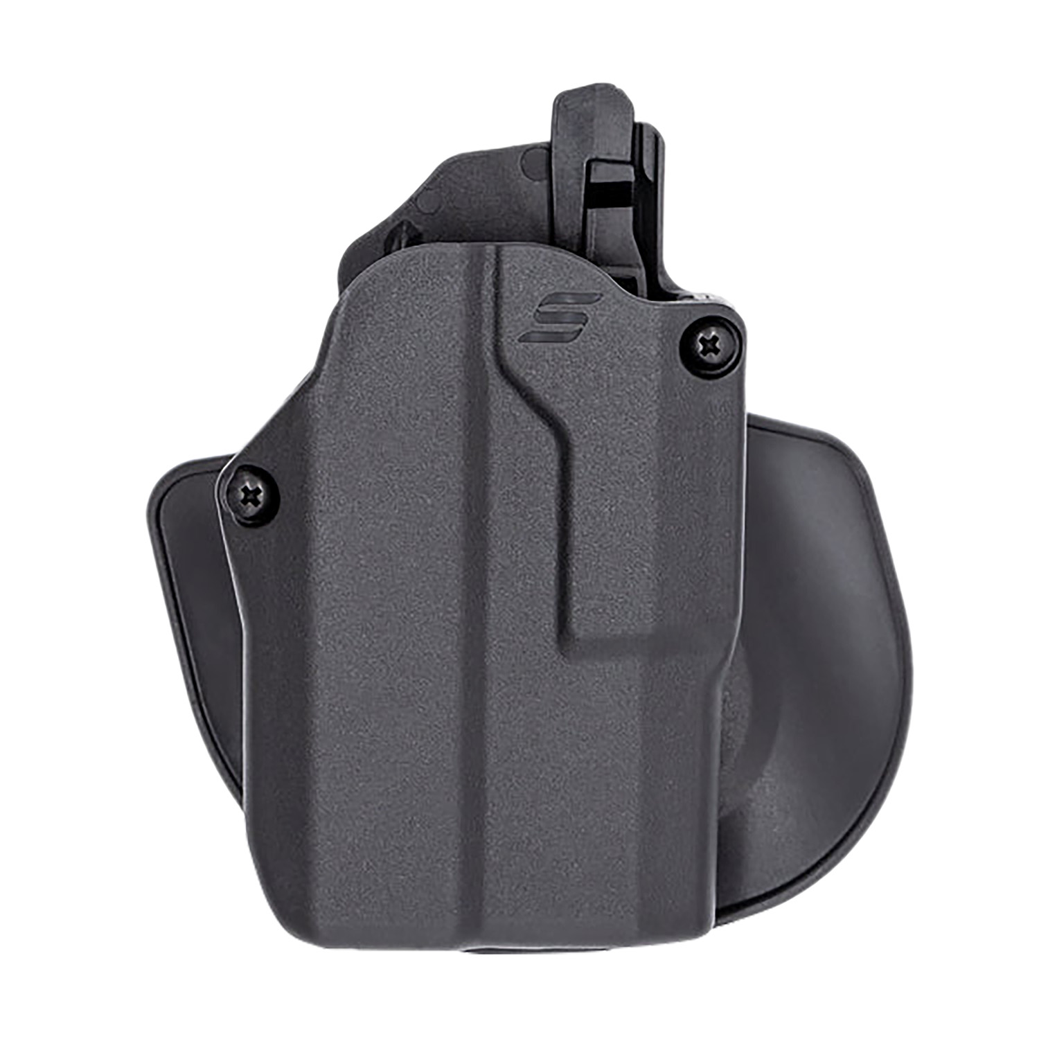Black polymer handgun holster with paddle attachment