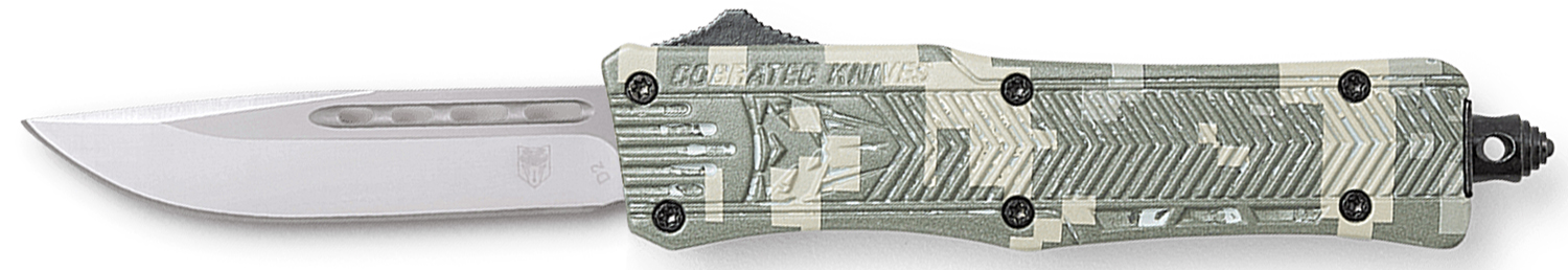 Green camo tactical folding knife with silver blade