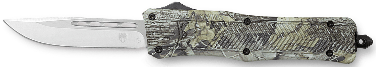 Camouflage-handled folding knife with silver blade