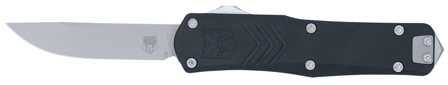 Black-handled folding knife with silver blade