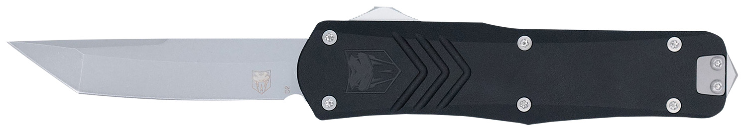 Black handled folding tactical knife with silver blade