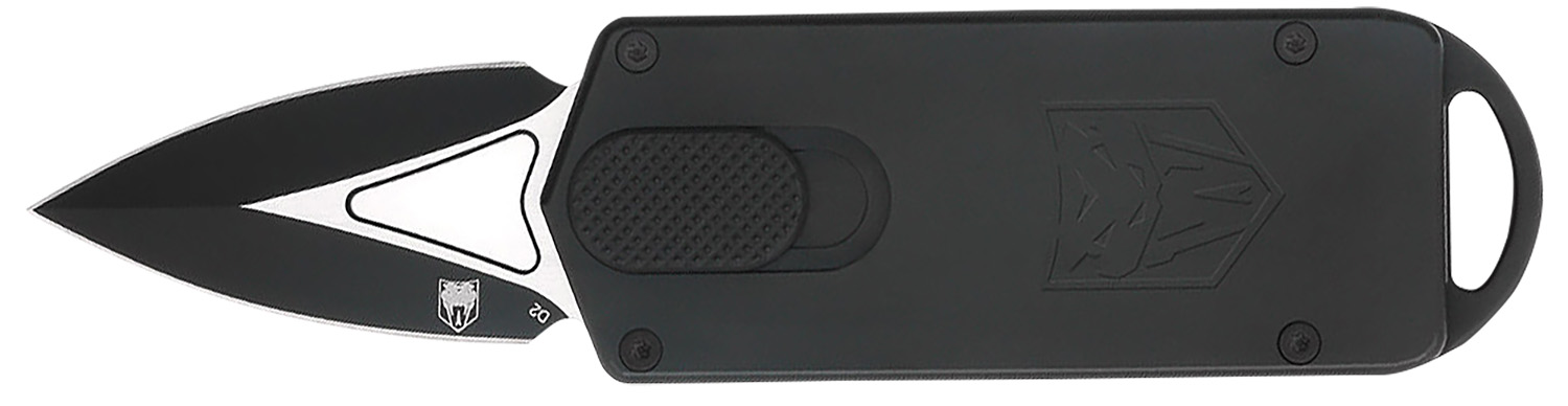 Compact black out-the-front knife with short blade