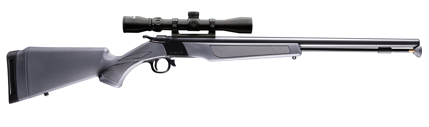 Bolt-action rifle with mounted scope on white background