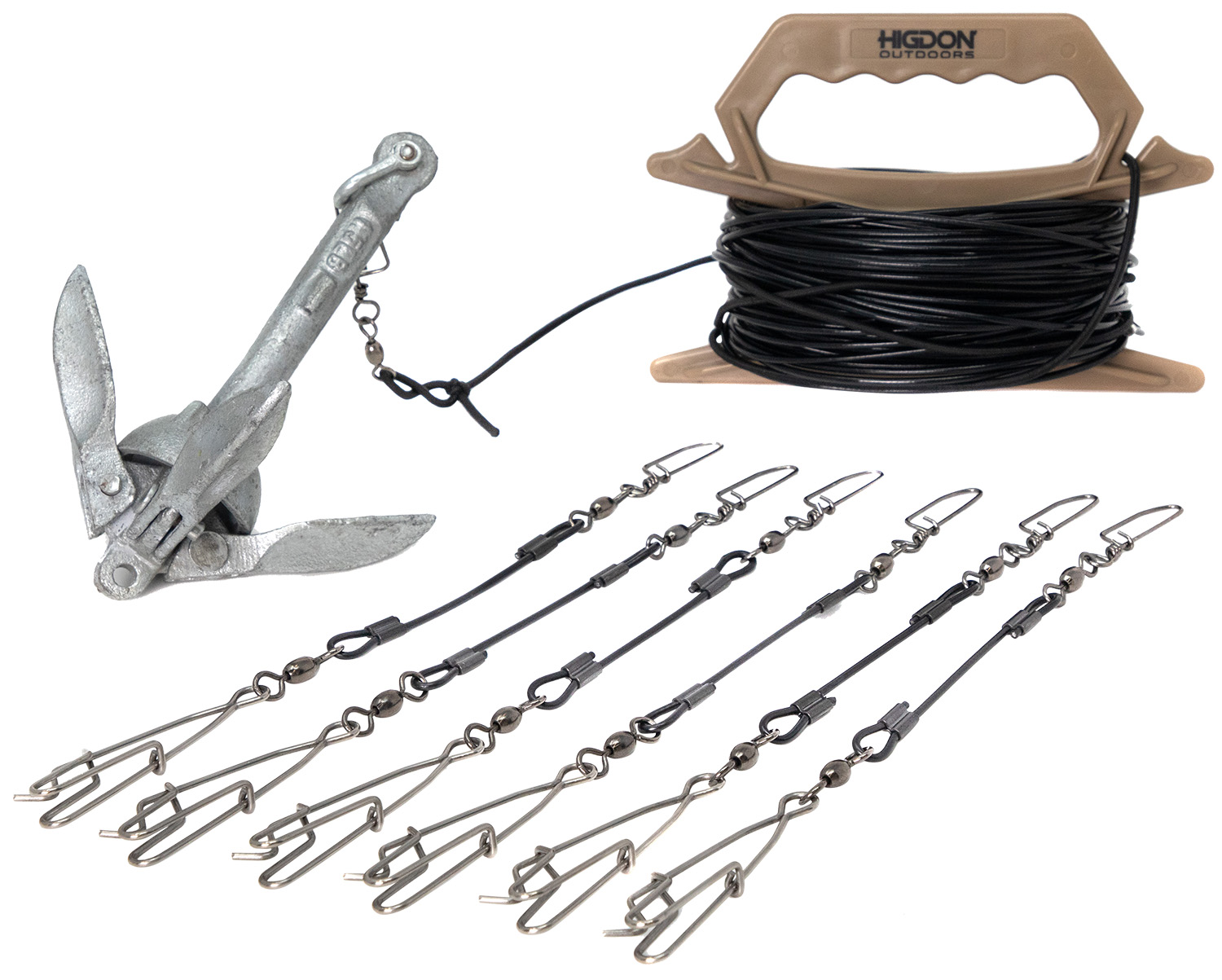 Grapnel anchor, decoy rig clips, and cord spool