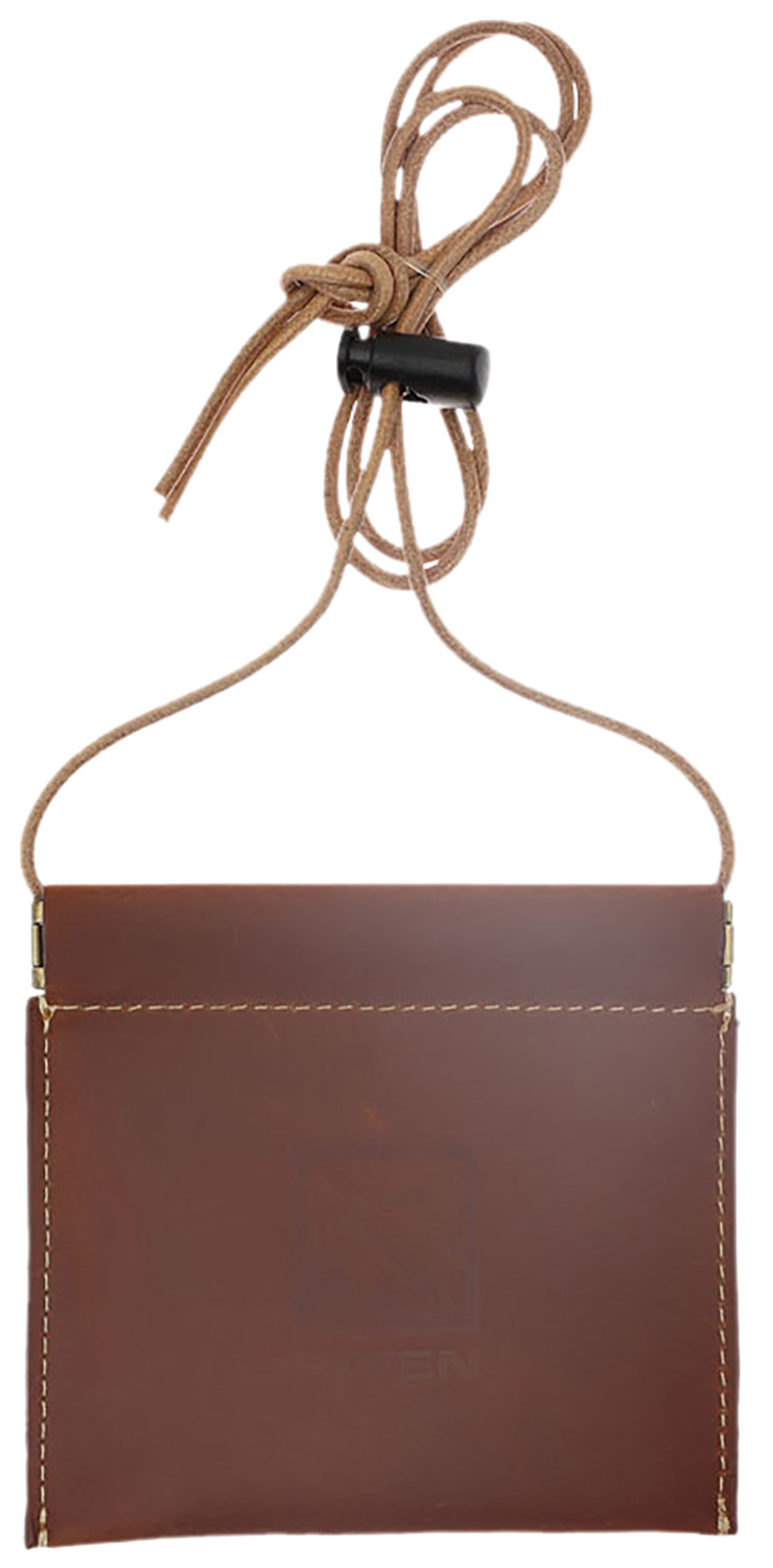 Brown leather neck pouch with cord strap