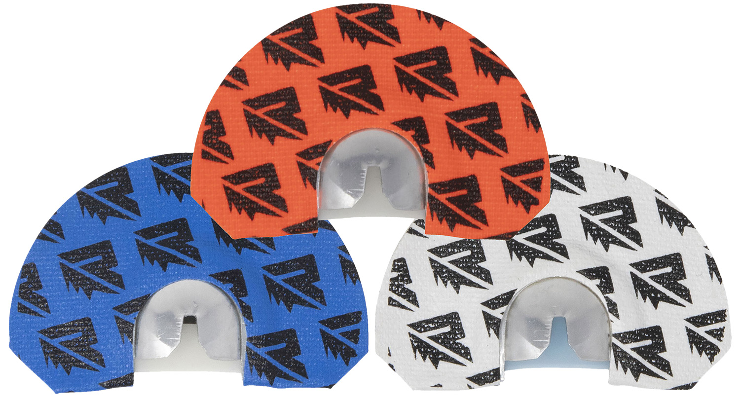 Three colorful diaphragm turkey calls with patterned designs
