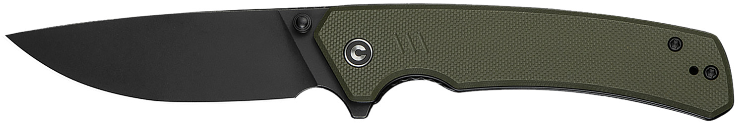 Black folding knife with green handle