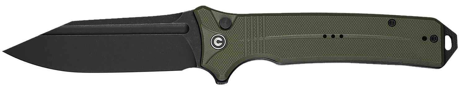 Black folding knife with green handle