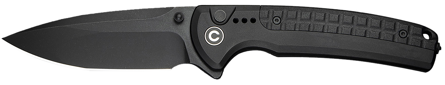 Black folding pocket knife on white background