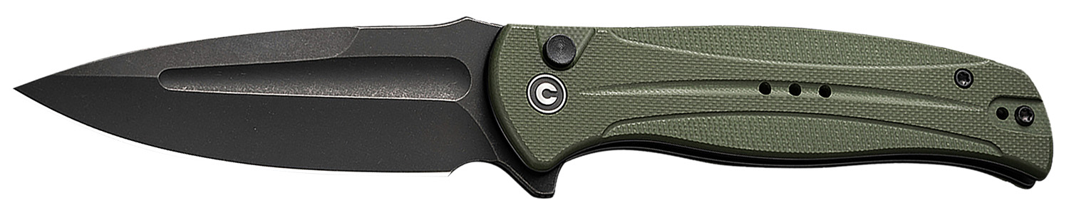 Black folding knife with green handle