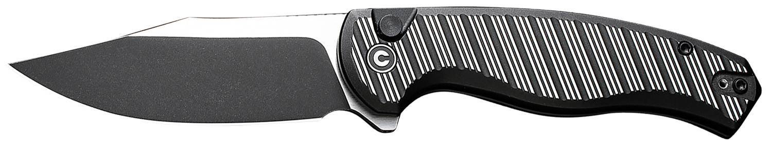 Black folding pocket knife with textured handle