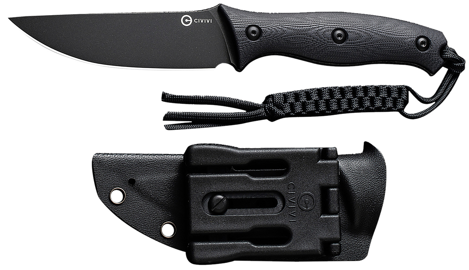 Black fixed-blade knife with sheath and lanyard