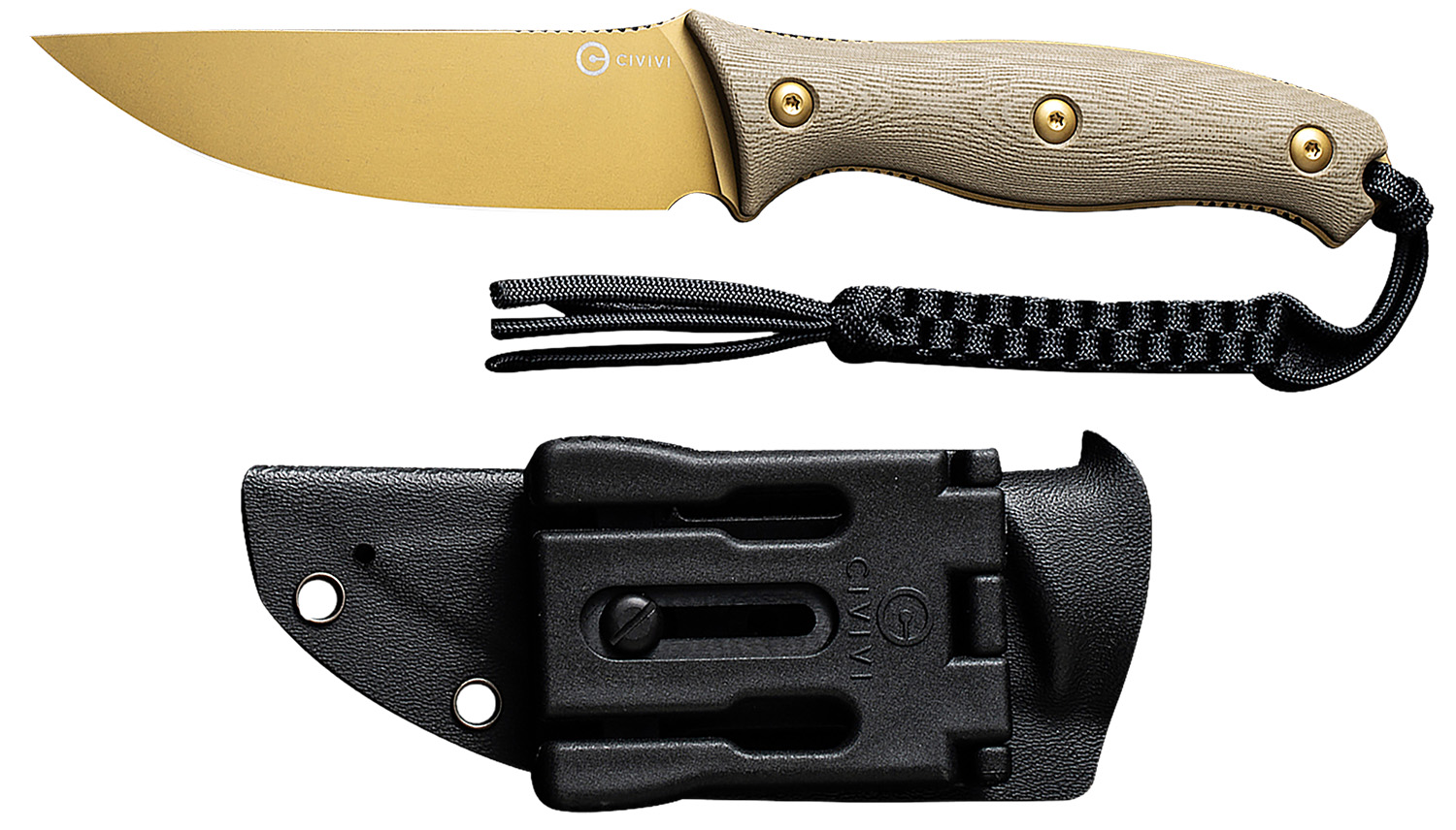Fixed-blade knife with sheath and paracord lanyard