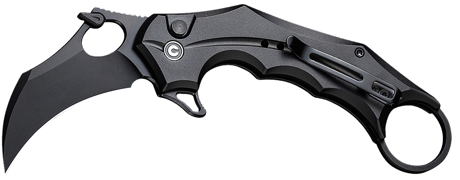 Black folding karambit knife with curved blade