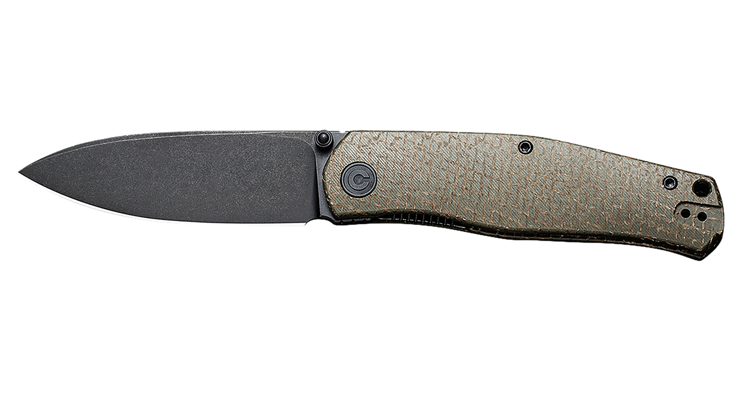 Black folding pocket knife with green handle