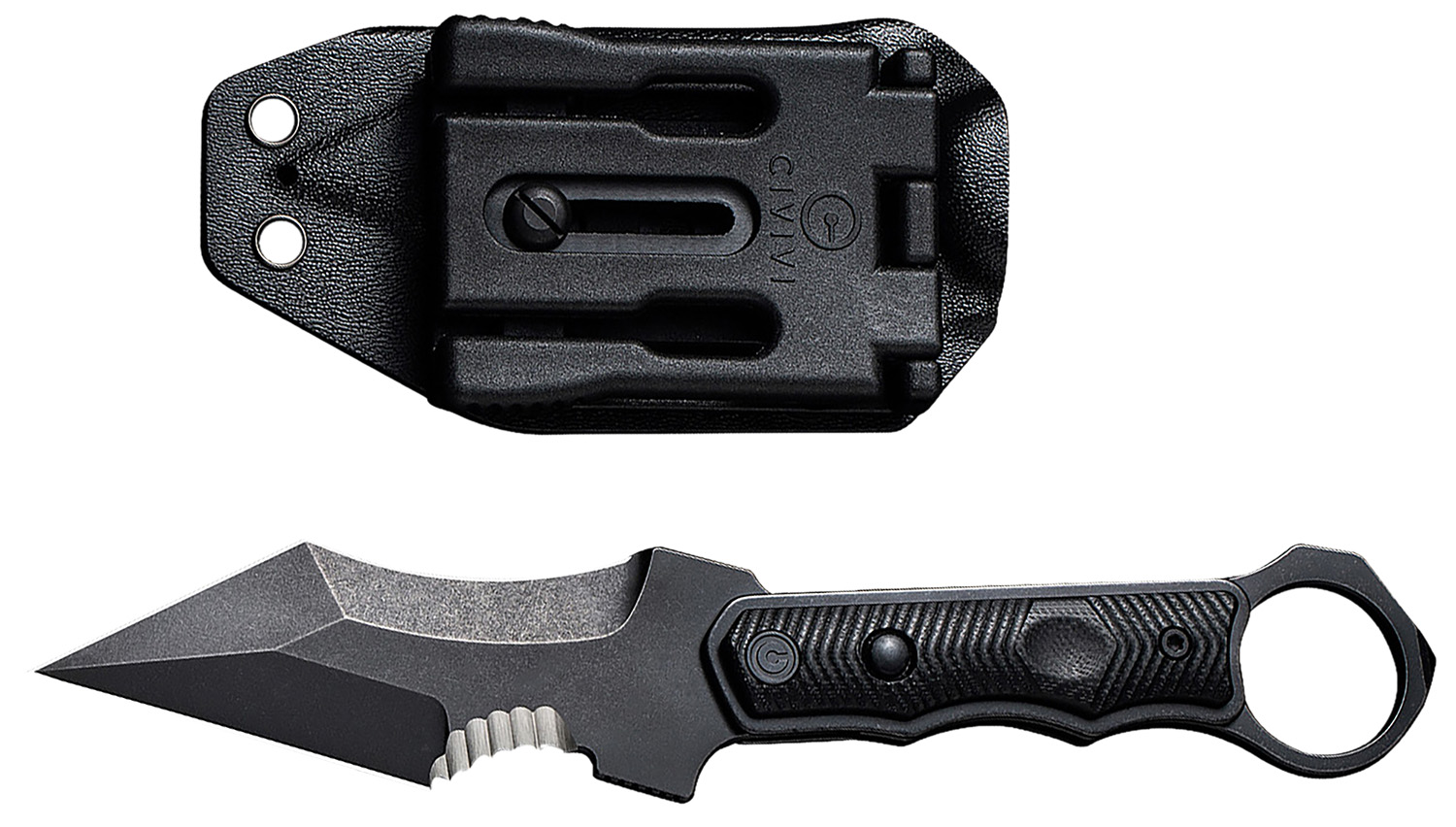 Black tactical fixed-blade knife with sheath