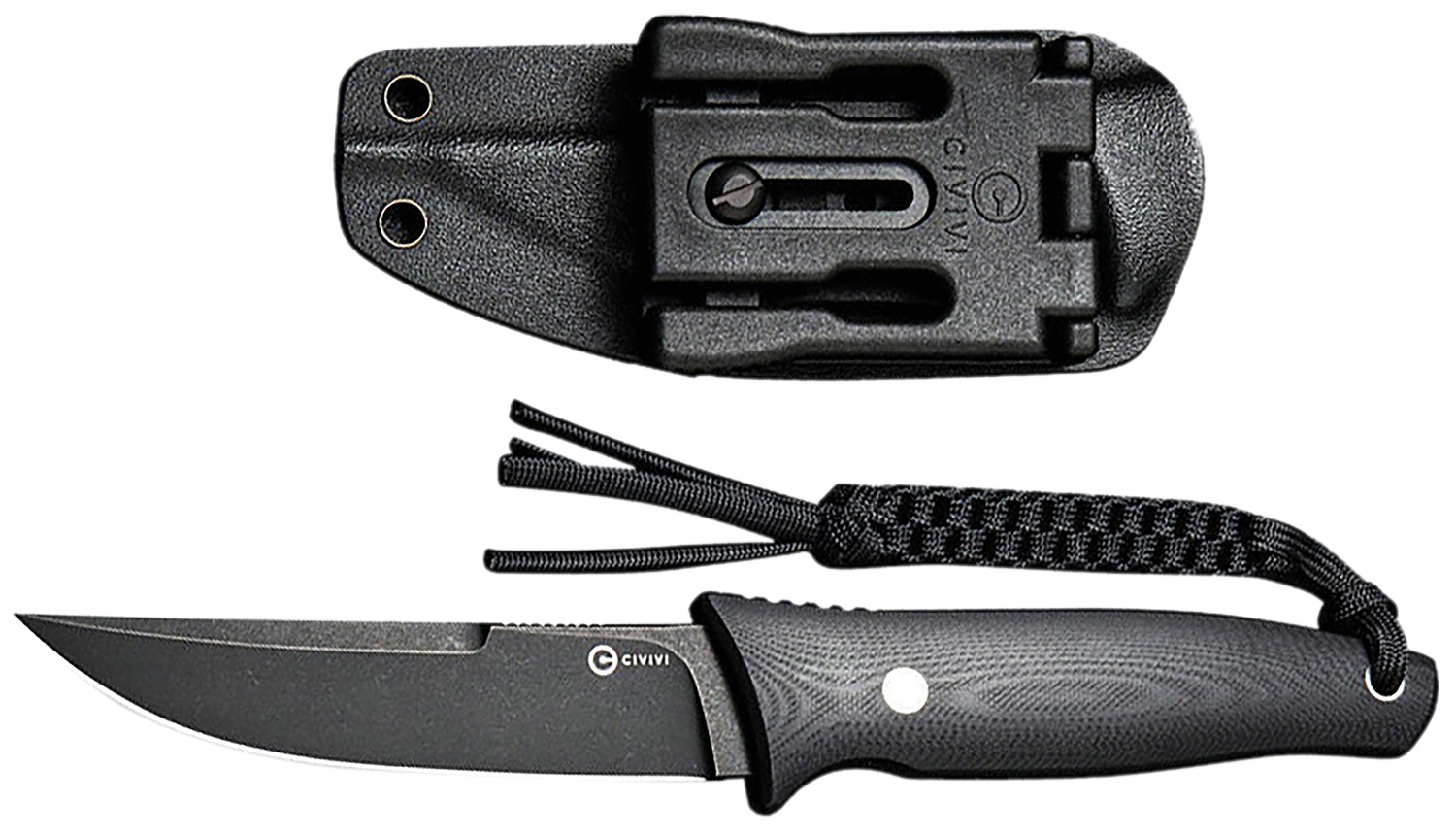 Black fixed-blade knife with sheath and lanyard